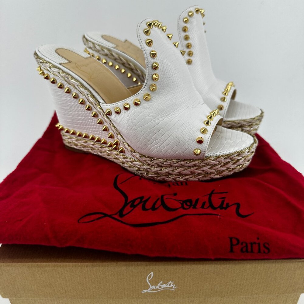 Louboutin White Leather Spike Wedge Mules = Size 40